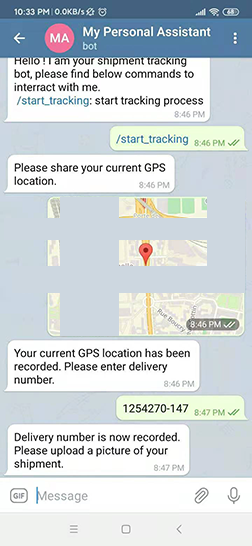 In this part of the Telegram chat, the driver enters the delivery number, “1254270–147.” The bot confirms that the delivery number has been recorded and requests a picture of the shipment. Th