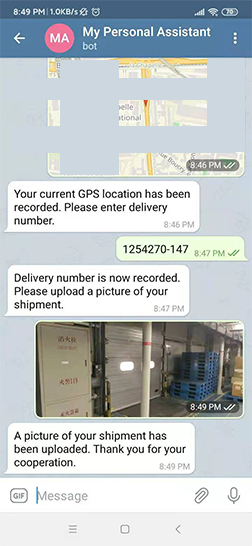 The driver uploads a picture of the shipment in the Telegram chat, and the bot confirms that the photo has been successfully uploaded. The bot thanks the driver for their cooperation, complet