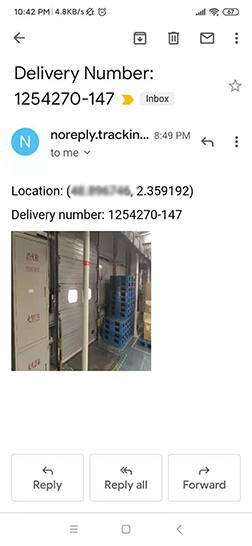 A screenshot of an email sent to the logistics team, providing delivery confirmation for shipment number “1254270–147.” The email includes the GPS location and a photo of the shipment. This i