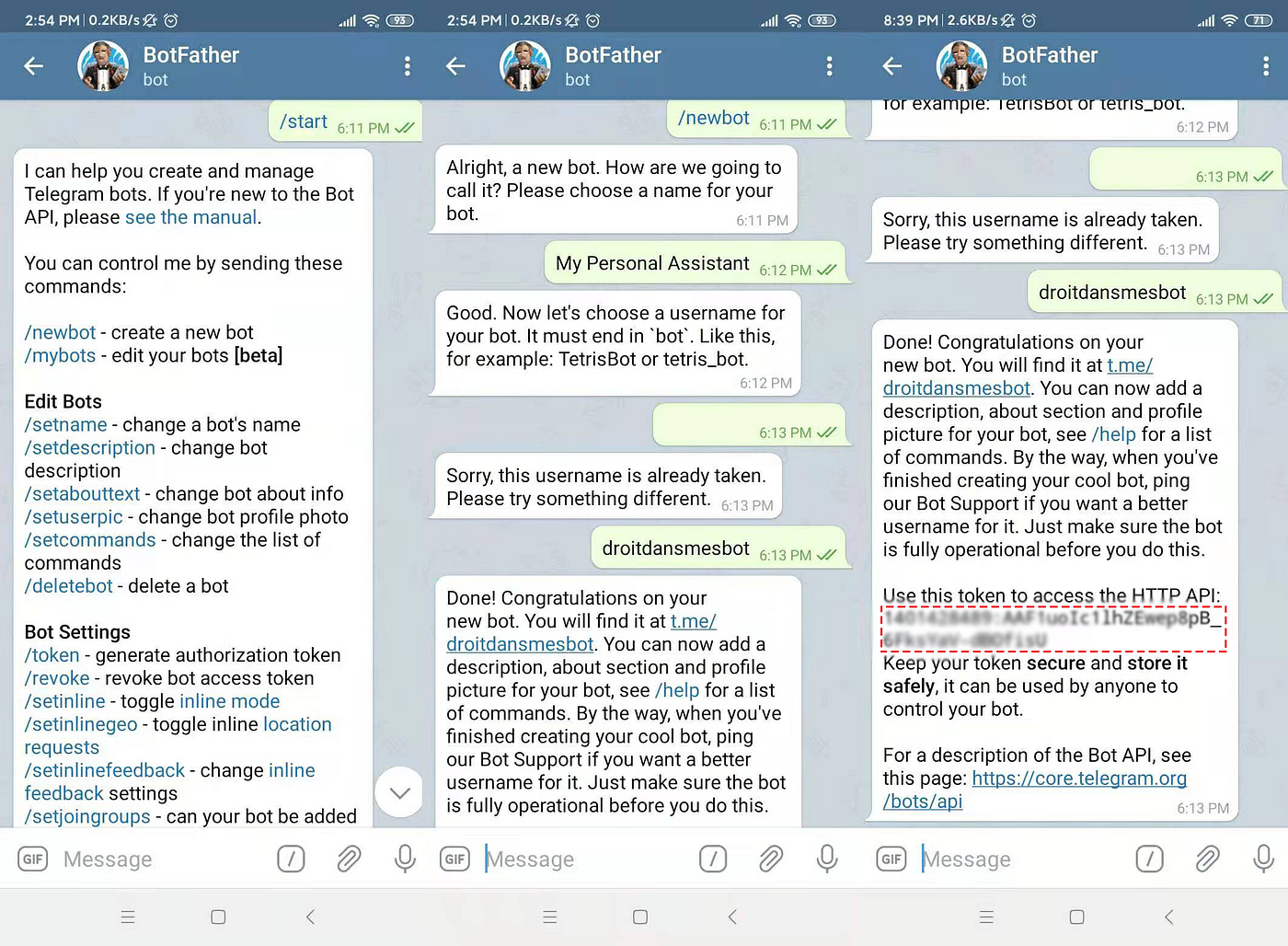A screenshot of the Telegram chat with BotFather, used to create and manage new Telegram bots. The user initiates the conversation by sending “/start,” followed by “/newbot” to create a new b