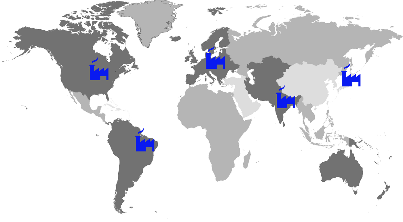 A world map showing the locations of several factories across different continents, including North America, South America, Europe, and Asia. Blue icons represent the factories in key strateg