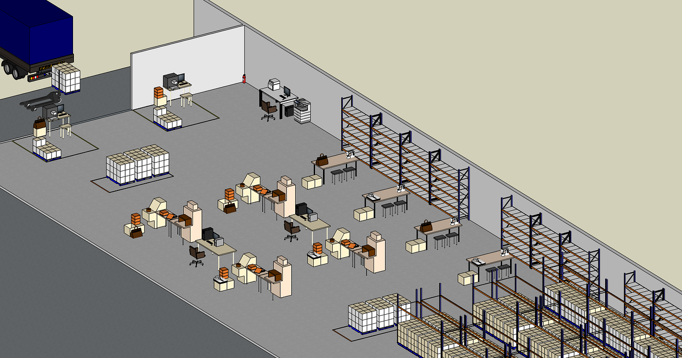 A 3D layout of a warehouse VAS process. It shows various workstations, including areas for label printing and sewing. The warehouse racks are filled with cartons, and workstations are aligned