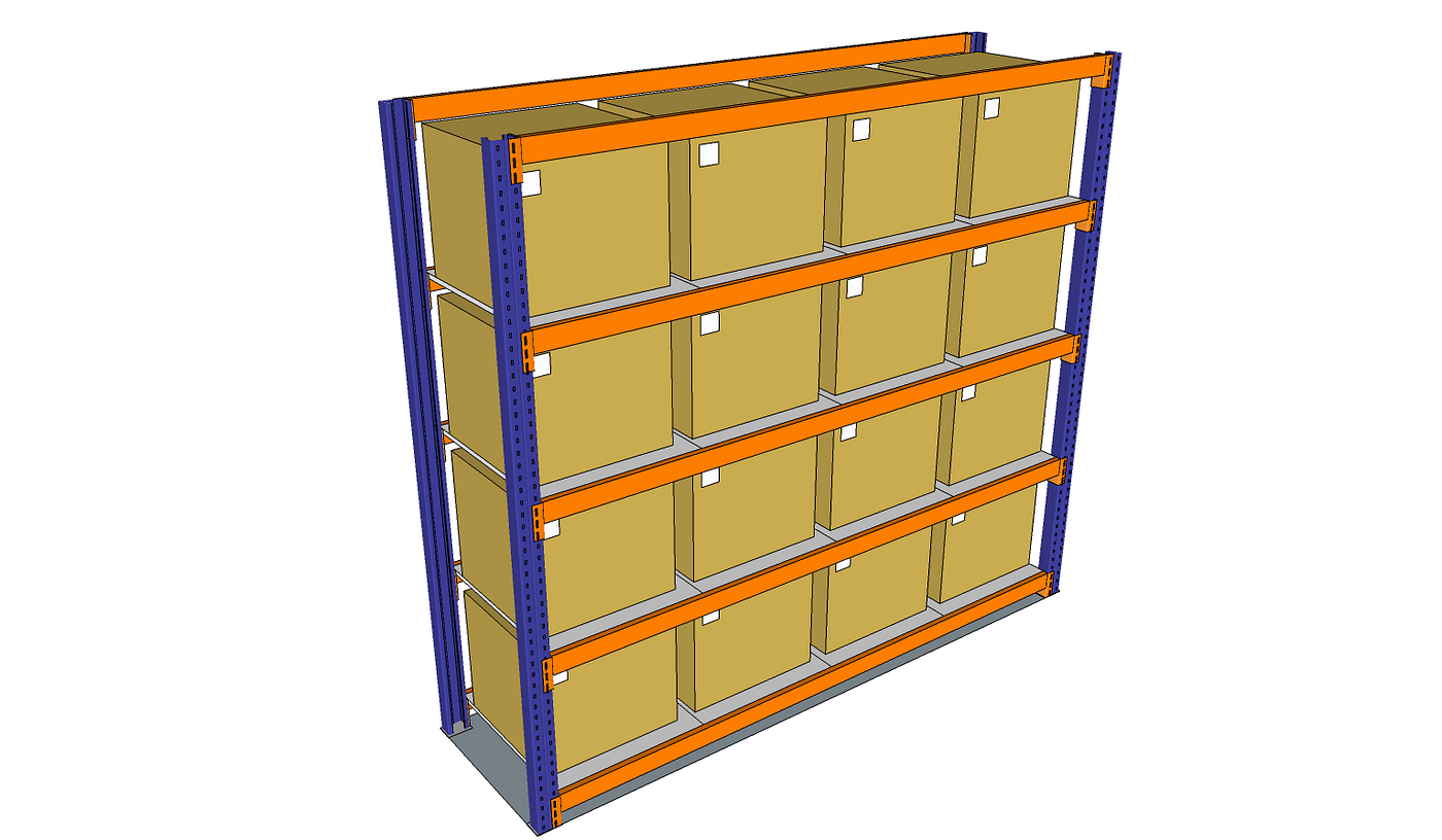 A 3D model of a warehouse storage shelf with five levels, each containing large cardboard boxes. The structure consists of orange beams and blue vertical supports. This visual represents the 