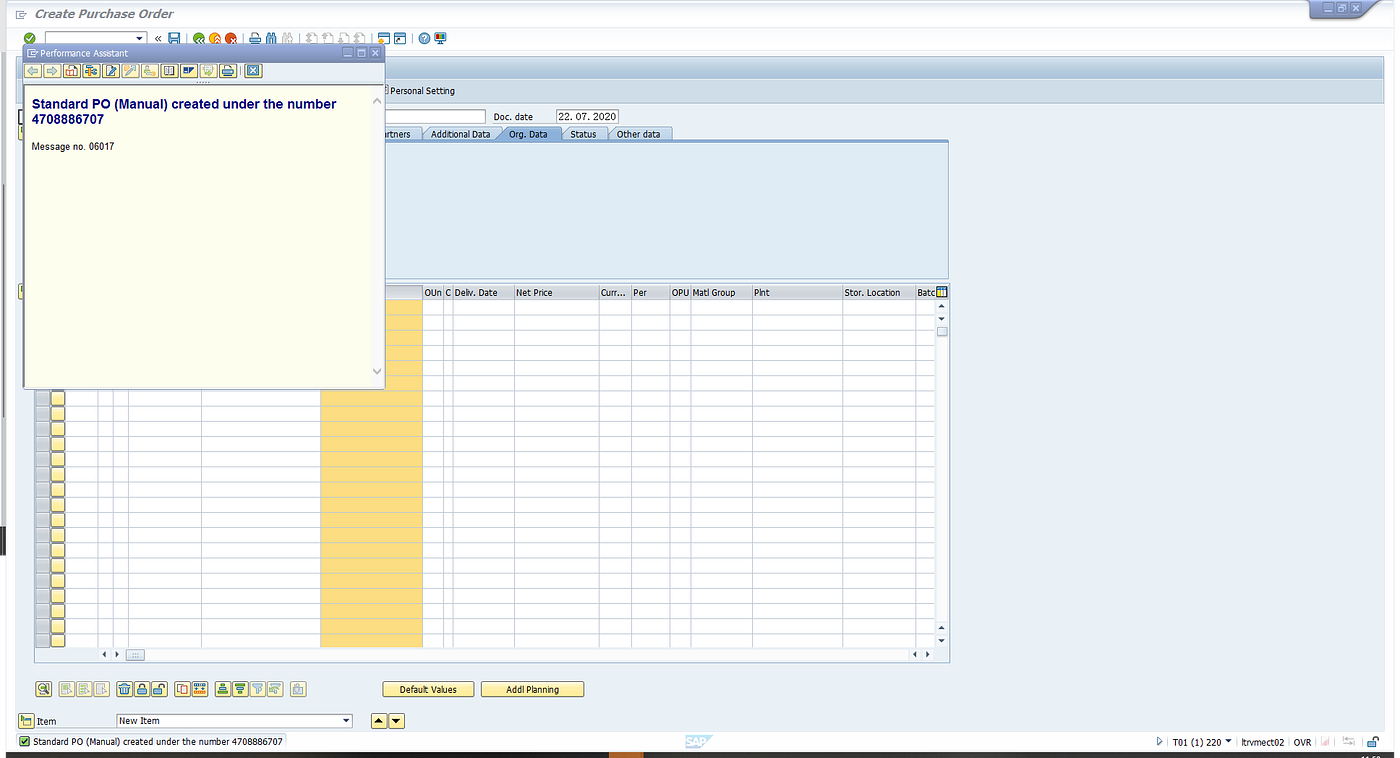This image shows a pop-up window with the message confirming that the standard purchase order (PO) has been created under a specific PO number. The PO number is displayed in the pop-up along 