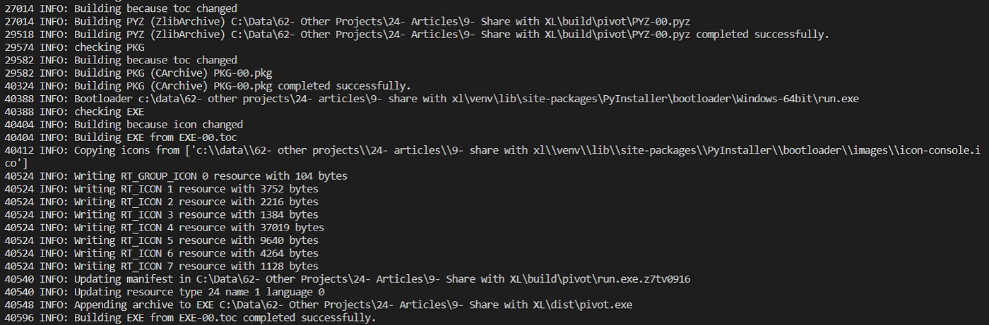 A command line output showing the progress of PyInstaller bundling a Python script into an executable (.exe) file. Various messages indicate different stages of the process, including buildin