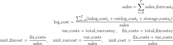 A mathematical formula detailing economies of scale in business planning. The formulas calculate total sales, logistic costs, variable and fixed costs, and unit costs. It explains how to comp