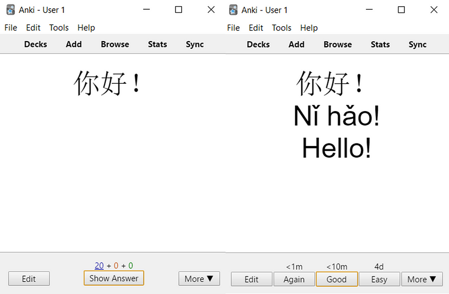 Screenshot from the Anki flashcard app showing a Mandarin language flashcard. The card on the left displays the Chinese characters ‘你好!’ (Hello), prompting the user to guess the translation a