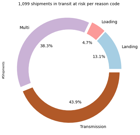 A donut chart showing the percentage breakdown of shipments considered at risk of being delivered late. The chart is divided into sections with the following percentages: 43.9%, 38.3%, 13.1%,