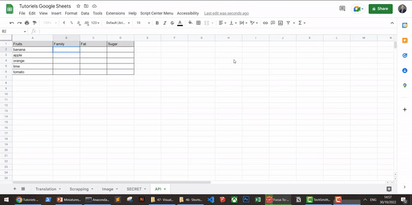 Animated GIF demonstrating how to use Google Sheets to pull data from an API without coding. The spreadsheet contains a list of fruits in the first column and columns for ‘Family,’ ‘Fat,’ andAnimated GIF demonstrating how to use Google Sheets to pull data from an API without coding. The spreadsheet contains a list of fruits in the first column and columns for ‘Family,’ ‘Fat,’ and