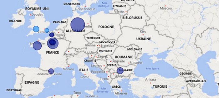 A map of Europe displaying bubble sizes over various countries, representing the volume of a specific metric, such as CO2 emissions or supply chain activity. Larger bubbles are visible over c
