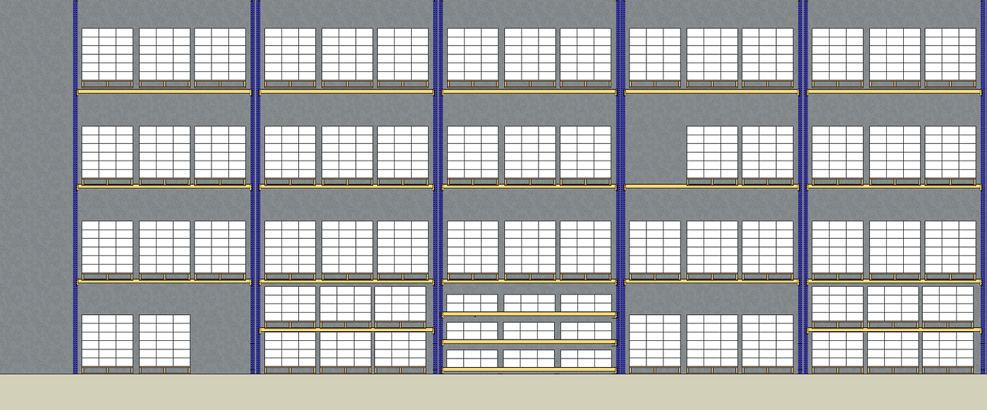Front-view graphic of tall warehouse racks generated with a 3D SketchUP model, with multiple levels for storing goods. Some racks have designated picking locations on lower levels, while the