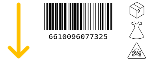 A warehouse label with a yellow downward arrow on the left and three icons (box, dress, hazard) on the right. In the center of the label is a vertically positioned barcode generated using the