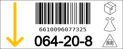 A warehouse label with a yellow downward arrow on the left and three icons (box, dress, hazard) on the right. In the center of the label is a vertically positioned barcode generated using the