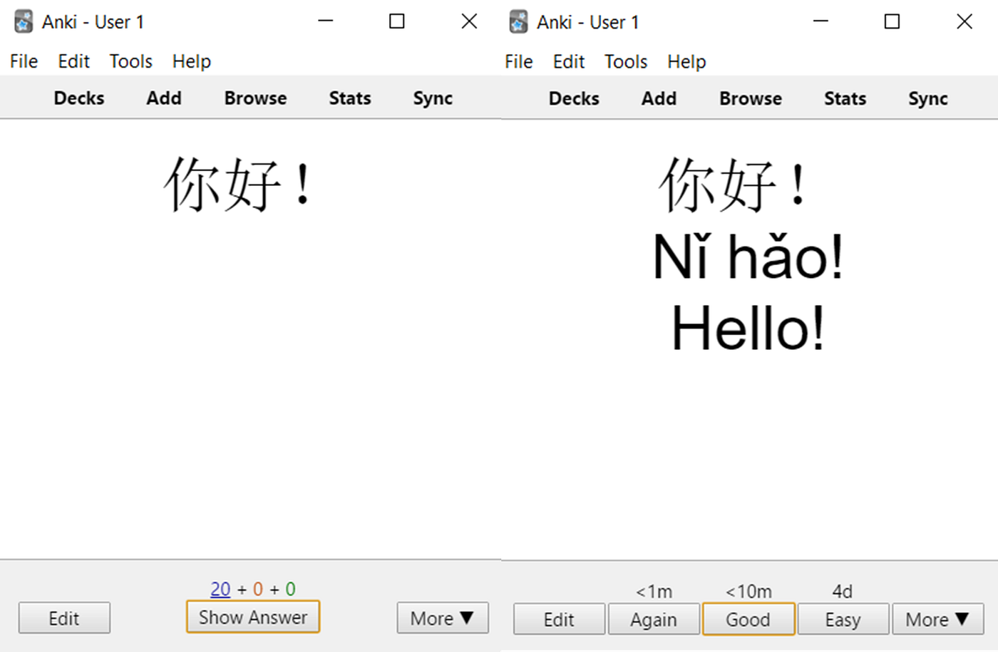Screenshot from the Anki flashcard app showing a Mandarin language flashcard. The card on the left displays the Chinese characters ‘你好!’ (Hello), prompting the user to guess the translation a