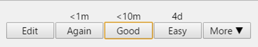 Screenshot from the Anki flashcard app displaying self-assessment buttons for a flashcard session. The options include ‘Edit,’ ‘Again,’ ‘Good,’ and ‘Easy.’ The user can select ‘Again’ to repe