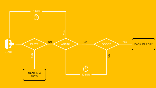 Flowchart explaining the review process in the Anki flashcard app. The process starts with a flashcard, followed by the user’s self-assessment: ‘Easy,’ ‘Again,’ or ‘Good.’ If ‘Easy’ is select