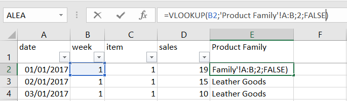 Screenshot of an Excel sheet with a VLOOKUP formula being used. The formula in cell E2 is =VLOOKUP(B2,’Product Family’!A:B,2,FALSE) and returns ‘Leather Goods’ in the ‘Product Family’ column.