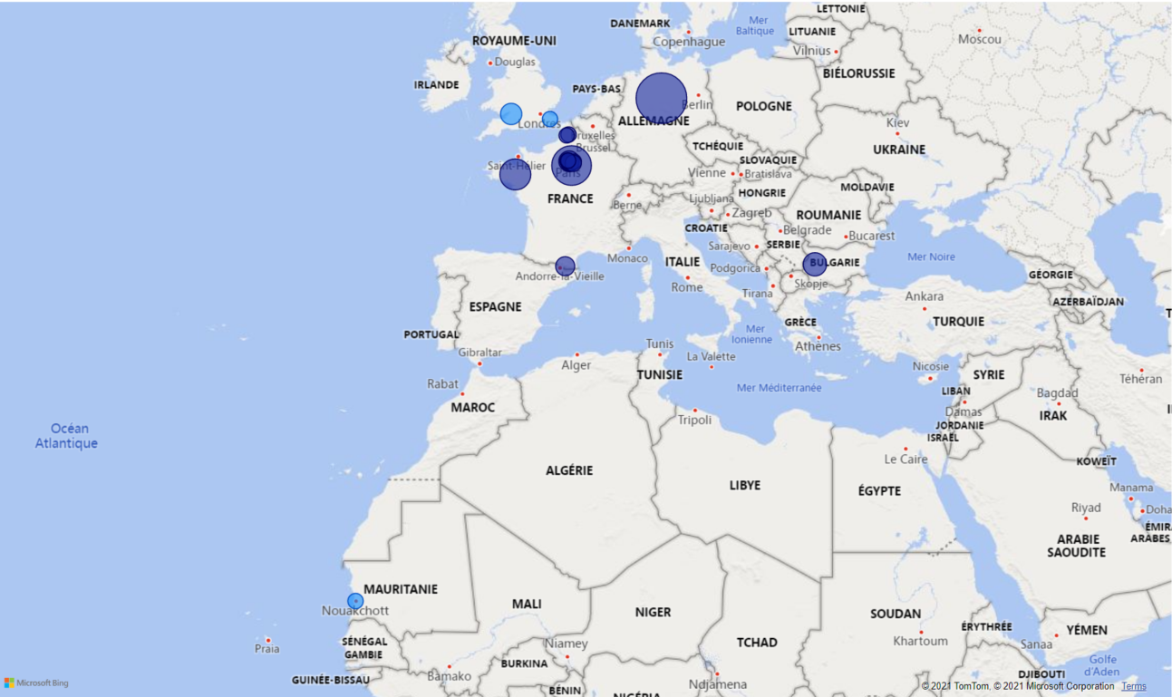 A map visualization showing various cities in Europe, marked with blue bubbles. The size of the bubbles represents the total CO2 emissions. Locations include cities in the UK, France, and Ger