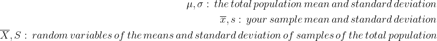 A mathematical description of notations used in statistical sampling. The image defines variables such as μ and σ as the total population mean and standard deviation, and x̄ and s as the samp