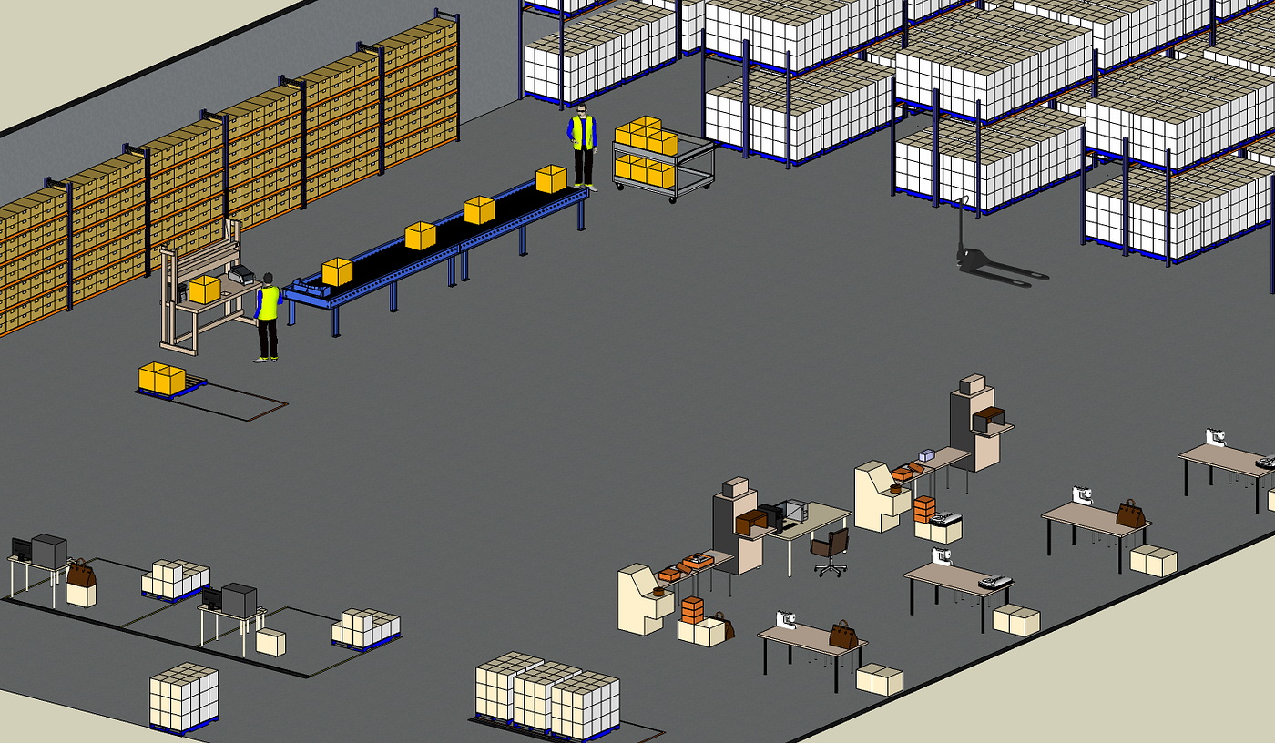 3D illustration of an e-commerce fulfillment center packing area. Workers are operating a single conveyor belt with boxes moving through several stations, where items are packed. The backgrou