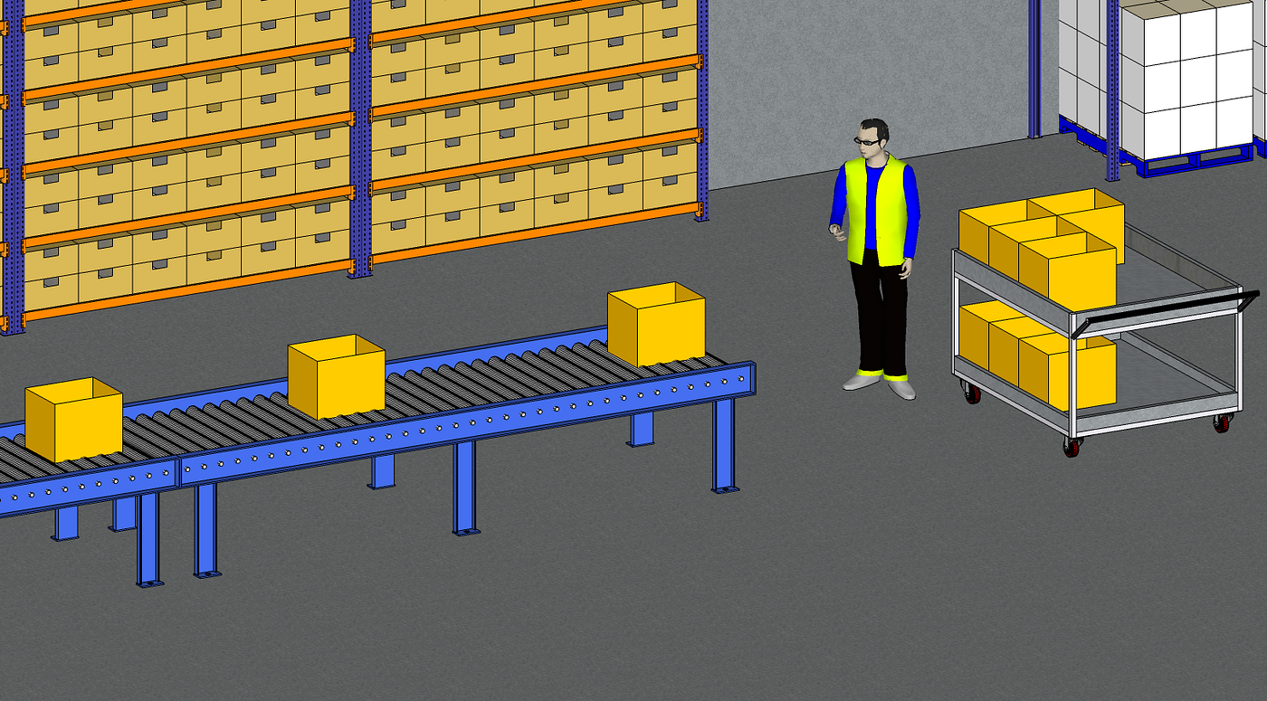 Warehouse worker stands beside a conveyor belt with several yellow parcels on it. Next to the worker is a trolley with additional parcels ready to be loaded onto the conveyor. Rows of storage