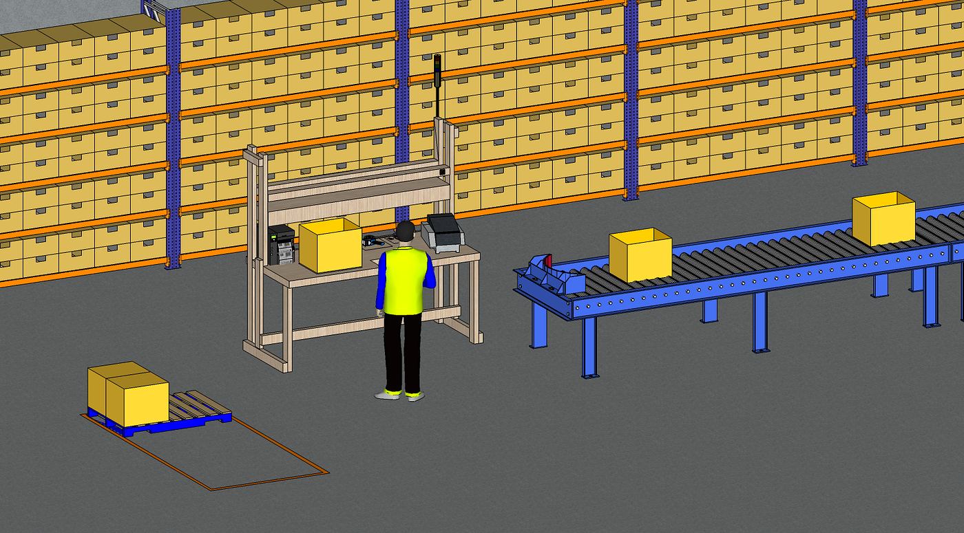 A packing station in a warehouse with a worker standing at a workbench. The worker is performing tasks such as scanning or labeling a parcel that has been placed on the bench. Behind the work
