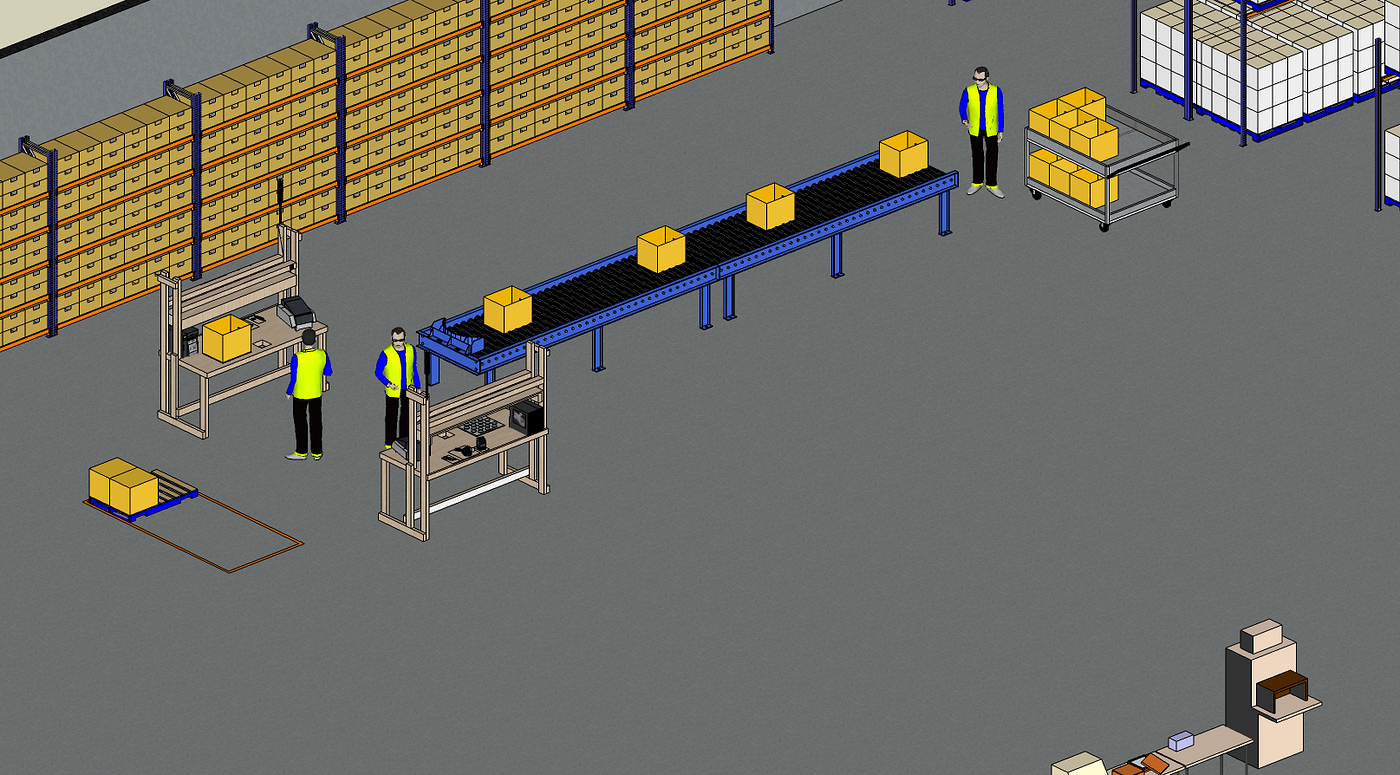 A warehouse layout depicting a single conveyor line with two parallel packing stations, where workers process parcels. Solution 1: The conveyor line has two packing operators working in paral