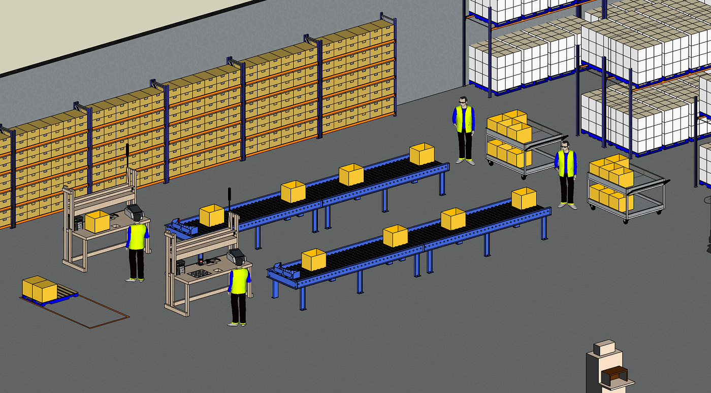 A warehouse layout showing two conveyor lines with dedicated packing stations for each line. Workers are positioned along both conveyor lines, processing parcels separately at each station.