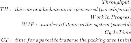 Mathematical definitions related to process analysis and queueing theory, with symbols for throughput (TH), work in progress (WIP), and cycle time (CT). The formulas explain how these metrics