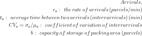 Mathematical notations for the arrival rate and workstation processing rate. Includes variables for the rate of arrival (ra), inter-arrival time (ta), coefficient of variation of inter-arriva