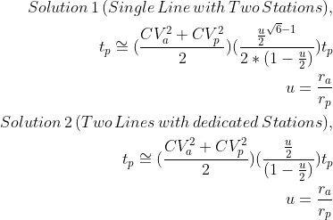 Mathematical formulas showing waiting time estimation for two different configurations in a supply chain process. Solution 1 represents a single line with two parallel stations