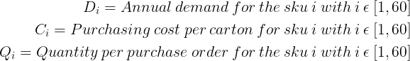 Mathematical equations displayed in a blackboard-style format defining parameters for a procurement strategy. The equations cover demand (D), purchasing cost per carton ©, and quantity per pu