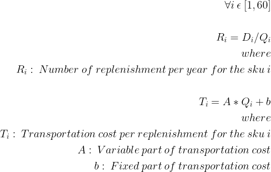 More equations defining the replenishment rate (R), the number of yearly replenishments (R), and transportation costs (T) that depend on fixed and variable factors. This image is used to show