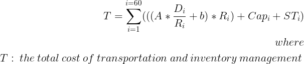 An equation showing the total cost of transportation and inventory management (T), accounting for variables like transportation cost per replenishment (A and b), purchasing cost, and storage 