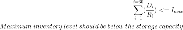 An inequality constraint representing that the maximum inventory level must be less than or equal to the store’s storage capacity (Imax). This is a critical constraint in the procurement opti