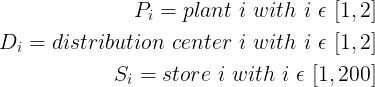 Mathematical notations for the supply planning problem. Symbols represent the plants, distribution centers, and stores. Variables such as the quantity of products shipped and transportation c