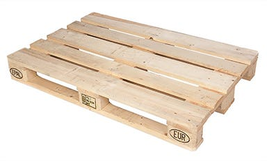 A standard EUR wooden pallet, used in logistics and shipping. It features a flat surface with spaced wooden slats for easy handling by forklifts. This pallet is typically used for transportin
