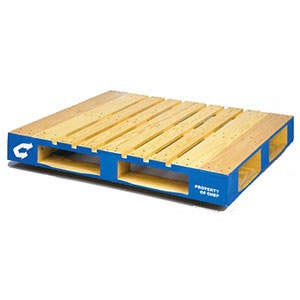 A blue CHEP pallet, designed for use in logistics operations. It has a reinforced structure compared to a standard wooden pallet and features wide entry points for forklifts. CHEP pallets are