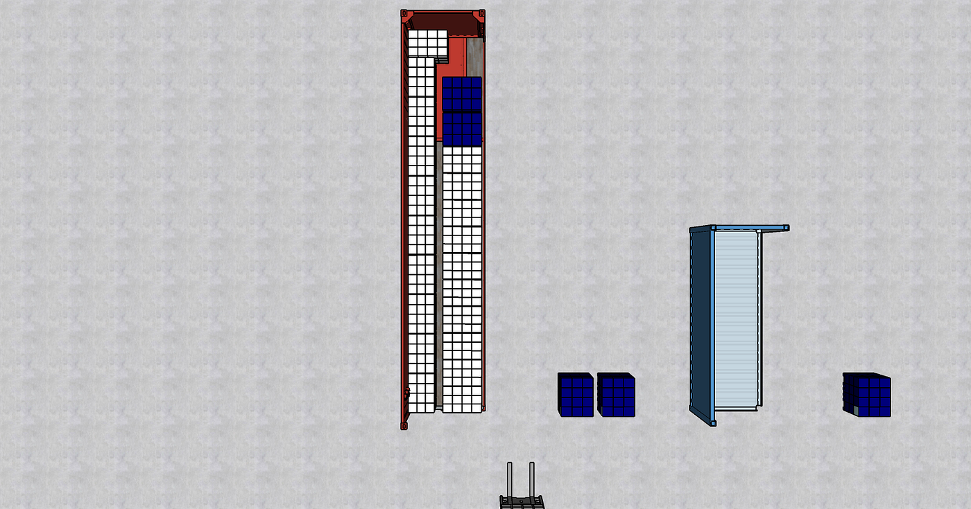 A top-down 3D rendering of a sea container showing an optimized pallet loading arrangement. Inside the container, pallets are stacked in a grid-like fashion, with some areas densely packed an