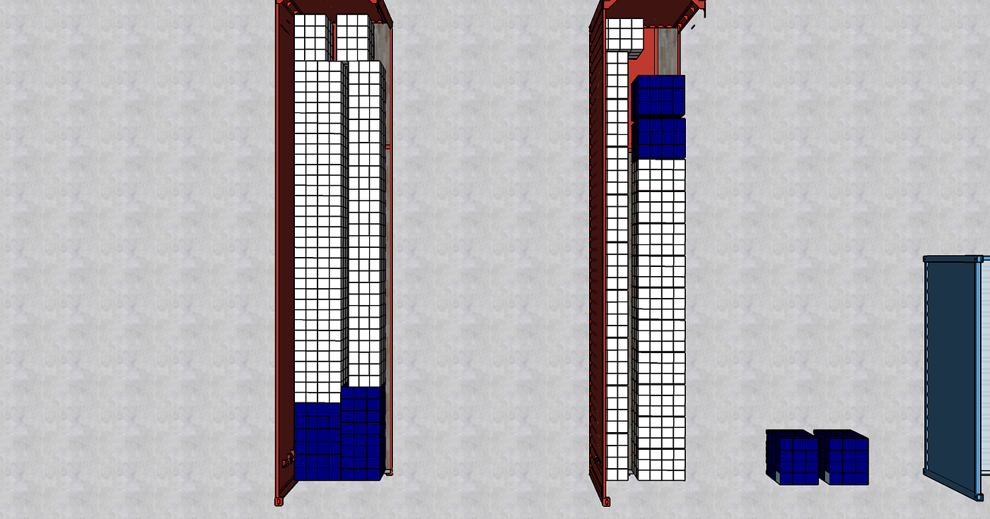 Side-by-side 3D renderings of two sea containers showing the difference between an initial pallet packing solution (right) and an optimized solution (left). The left container is packed more 
