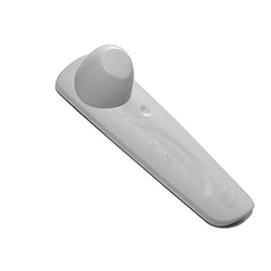 A white self-alarm anti-theft tag used to protect items from theft in retail stores. The tag is placed on goods and requires removal at the point of sale to prevent alarm activation