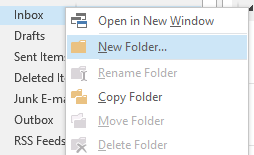 A screenshot of the Outlook folder menu, showing the option to create a new folder. The context menu is opened under the “Inbox” folder, and the “New Folder” option is highlighted. This image