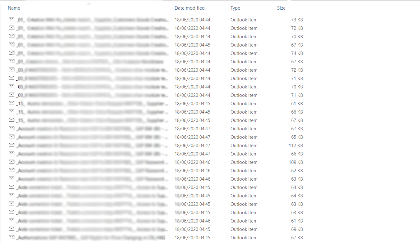 A folder containing several&nbsp;.msg files, representing individual email messages exported from Outlook. The folder displays the email file names, modified dates, types (Outlook items), and size