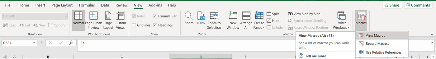 An Excel window with the “View” tab open, showing options for managing macros. The “View Macros” button is highlighted, indicating that the user can view and manage macros from this interface