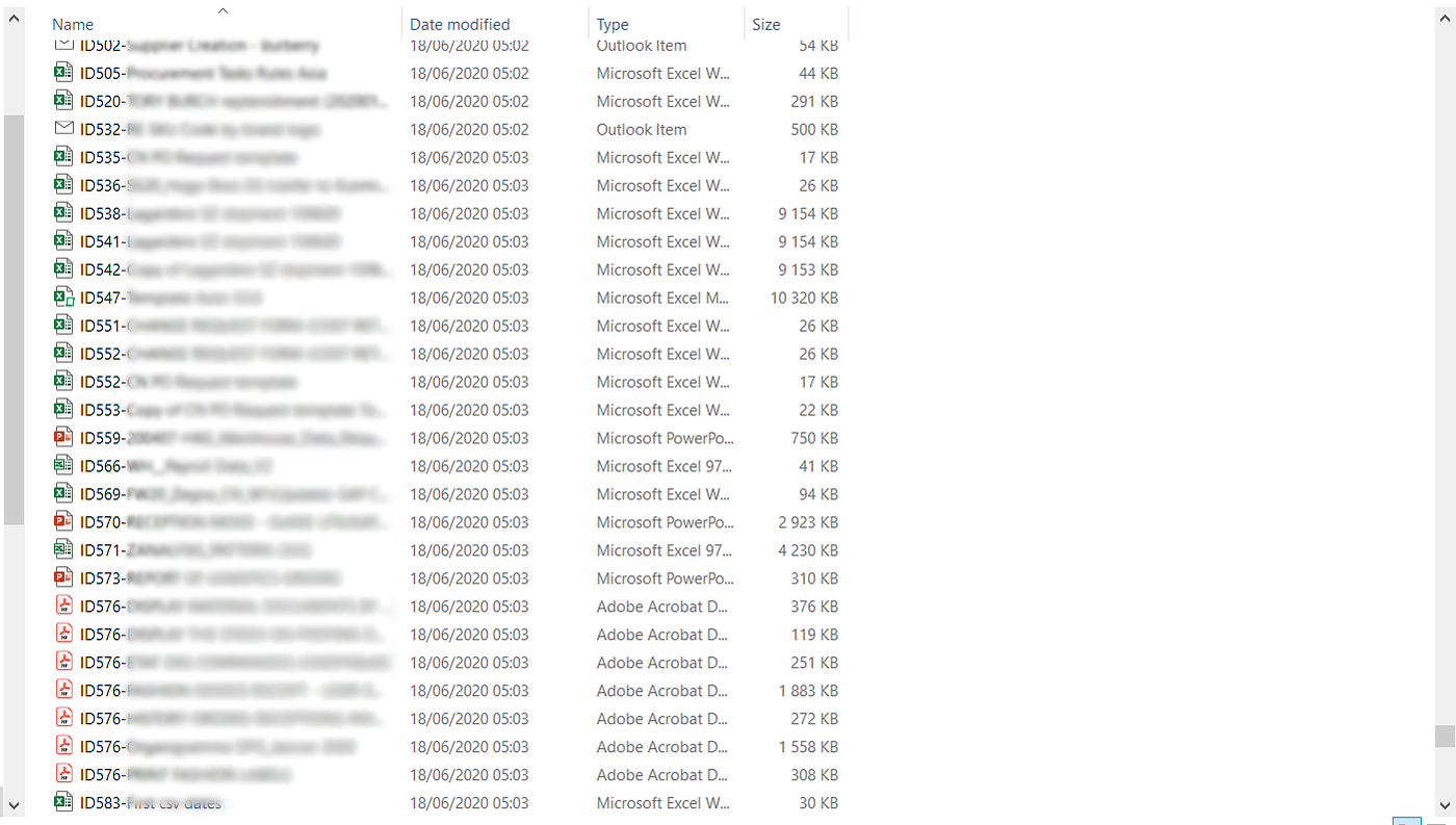 A folder view showing email attachments saved from Outlook emails. The folder contains various file types such as Excel, Word, PowerPoint, and PDF documents, each named with a combination of 
