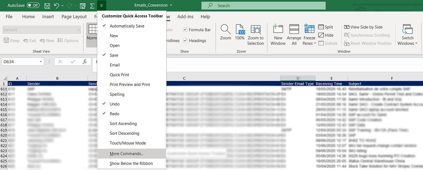 A screenshot of Excel’s Quick Access Toolbar menu, showing the “More Commands” option. The background includes an open Excel sheet displaying email records, with columns for sender name, emai
