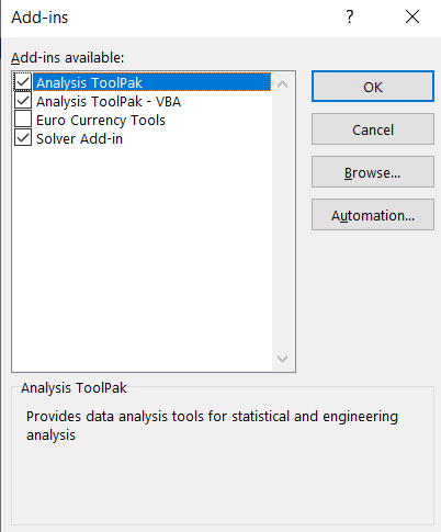 A screenshot of Excel’s “Add-ins” window, showing various available add-ins, including “Analysis ToolPak” and “Analysis ToolPak — VBA,” both selected. This image highlights the process of ena