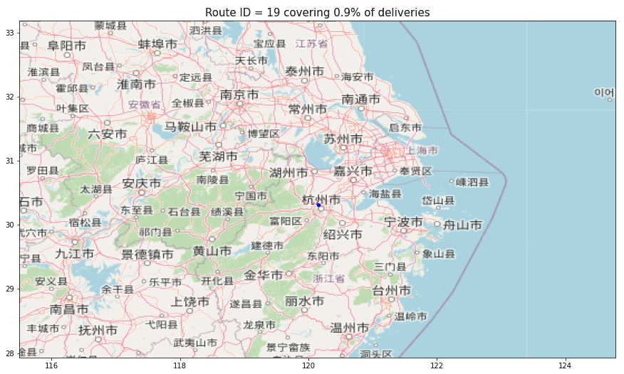 Animated geographical map showing a region of China with marked routes for deliveries generated with Python. The map displays cities and transportation routes taken by trucks, highlighted by