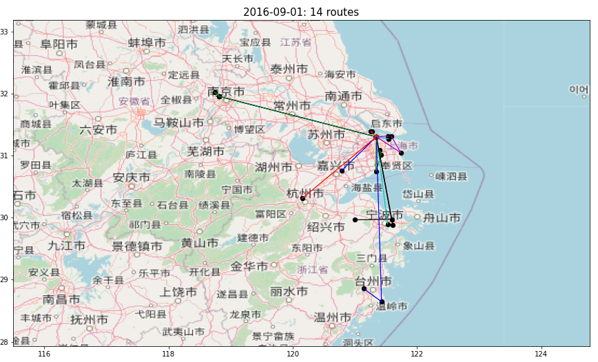 Animated geographical map of a region in China showing delivery routes for September 1, 2016 generated with Python. The map features 14 routes marked with colored lines connecting different c