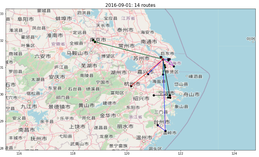 Animated detailed map of eastern China, showing major cities like Nanjing, Hangzhou, and Suzhou. The map includes 14 routes marked with colored lines connecting different cities, representing